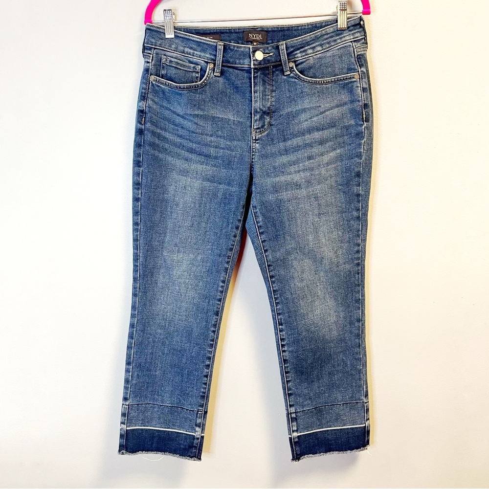 NYDJ Denim Medium Wash Sheri Slim Raw Hem Jeans Sz 8P EUC Ankle Length